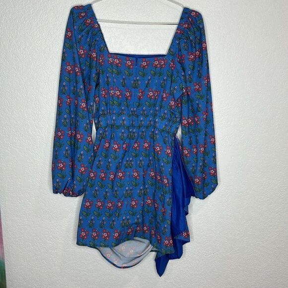 New Rhode Mina Draped Floral-Print Crepe de Chine Mini Dress Blue Small - Picture 7 of 14